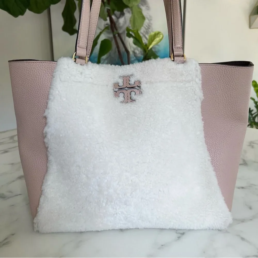 Tory Burch McGraw Shearling Fleece Fur & Leather Tote Bag Sand Beige Pink Ivory